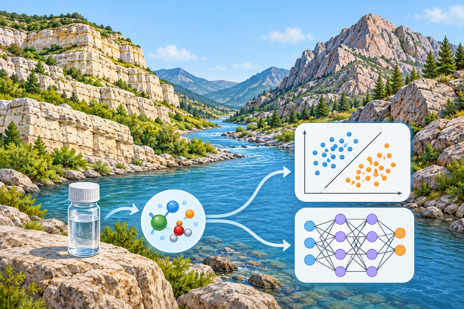 River sampling and contrasting rock types illustrated alongside a linear classifier and a neural network.